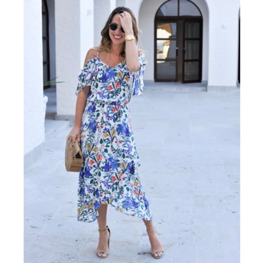 Parker Kam 100% Silk Floral Cold Shoulder Tiered Midi‎ Dress Asymmetrical Small